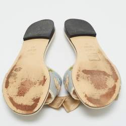 Pre Owned Fendi Grey/Cream Embroidered Knit Fabric Bow Embellished Flat Slides Size 37