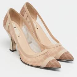 Pre Owned Fendi Light Pink/Brown Zucca Mesh and Leather Colibri Pumps Size 39