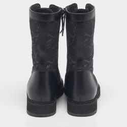 Pre Owned Fendi Black Karligraphy Jacquard and Leather Combat Boots Size 37