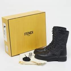 Pre Owned Fendi Black Karligraphy Jacquard and Leather Combat Boots Size 37