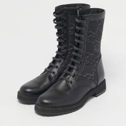 Pre Owned Fendi Black Karligraphy Jacquard and Leather Combat Boots Size 37