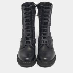 Pre Owned Fendi Black Karligraphy Jacquard and Leather Combat Boots Size 37