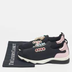 Pre Owned Fendi Black Fabric And Suede Fun Fair Logo Slip On Sneakers Size 38