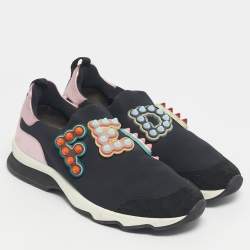 Pre Owned Fendi Black Fabric And Suede Fun Fair Logo Slip On Sneakers Size 38