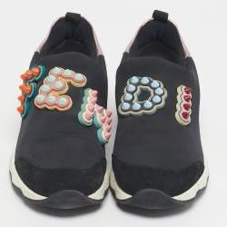 Pre Owned Fendi Black Fabric And Suede Fun Fair Logo Slip On Sneakers Size 38