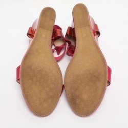 Pre Owned Fendi Brick Red/Pink Patent Leather And Elastic Fabric T Strap Espadrille Wedge Sandals Size 40