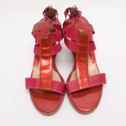 Pre Owned Fendi Brick Red/Pink Patent Leather And Elastic Fabric T Strap Espadrille Wedge Sandals Size 40
