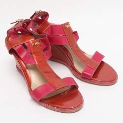 Pre Owned Fendi Brick Red/Pink Patent Leather And Elastic Fabric T Strap Espadrille Wedge Sandals Size 40