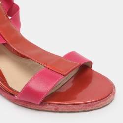 Pre Owned Fendi Brick Red/Pink Patent Leather And Elastic Fabric T Strap Espadrille Wedge Sandals Size 40