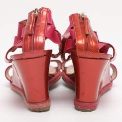 Pre Owned Fendi Brick Red/Pink Patent Leather And Elastic Fabric T Strap Espadrille Wedge Sandals Size 40