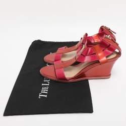 Pre Owned Fendi Brick Red/Pink Patent Leather And Elastic Fabric T Strap Espadrille Wedge Sandals Size 40