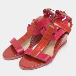 Pre Owned Fendi Brick Red/Pink Patent Leather And Elastic Fabric T Strap Espadrille Wedge Sandals Size 40