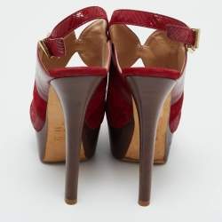 Pre Owned Fendi Red Leather and Lizard Embossed Leather Slingback Platform Sandals Size 37