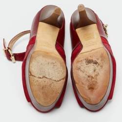 Pre Owned Fendi Red Leather and Lizard Embossed Leather Slingback Platform Sandals Size 37