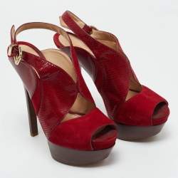 Pre Owned Fendi Red Leather and Lizard Embossed Leather Slingback Platform Sandals Size 37