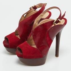 Pre Owned Fendi Red Leather and Lizard Embossed Leather Slingback Platform Sandals Size 37
