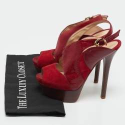 Pre Owned Fendi Red Leather and Lizard Embossed Leather Slingback Platform Sandals Size 37
