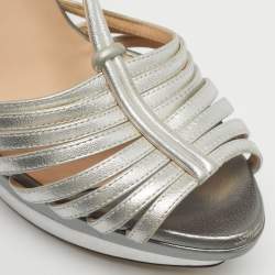 Pre Owned Fendi Silver Leather T-Strap Platform Sandals Size 39