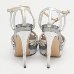 Pre Owned Fendi Silver Leather T-Strap Platform Sandals Size 39
