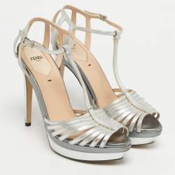 Pre Owned Fendi Silver Leather T-Strap Platform Sandals Size 39