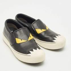 مملوكة مسبقًا Fendi Black Leather Monster Slip On Sneakers Size 37