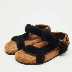 Pre Owned Fendi Brown/Black Shearling Fur Ankle Strap Flat Sandals Size 38