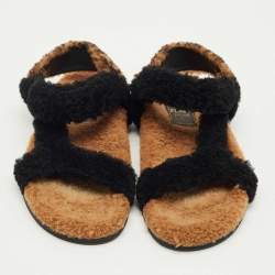 Pre Owned Fendi Brown/Black Shearling Fur Ankle Strap Flat Sandals Size 38