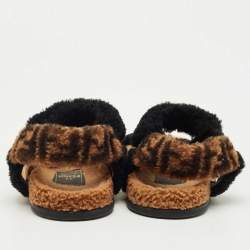 Pre Owned Fendi Brown/Black Shearling Fur Ankle Strap Flat Sandals Size 38