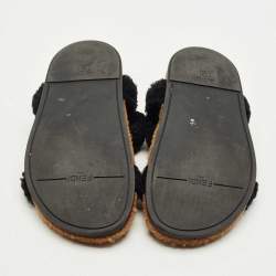 Pre Owned Fendi Brown/Black Shearling Fur Ankle Strap Flat Sandals Size 38