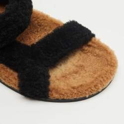 Pre Owned Fendi Brown/Black Shearling Fur Ankle Strap Flat Sandals Size 38