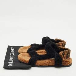 Pre Owned Fendi Brown/Black Shearling Fur Ankle Strap Flat Sandals Size 38