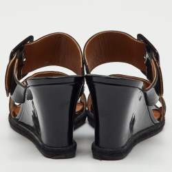 Pre Owned Fendi Black/Brown Patent Leather and Zucca Canvas Wedge Sandals Size 38
