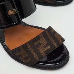 Pre Owned Fendi Black/Brown Patent Leather and Zucca Canvas Wedge Sandals Size 38