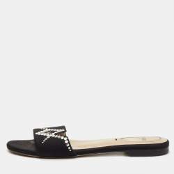 Pre Owned Fendi Black Satin Crystal Embellished Flat Slide Sandals Size 36