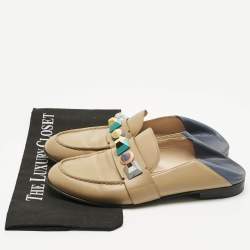 Pre Owned Fendi Brown/Blue Leather Studded Loafer Mules Size 40