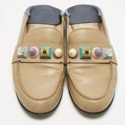 Pre Owned Fendi Brown/Blue Leather Studded Loafer Mules Size 40