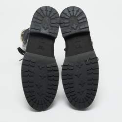 Pre Owned Fendi Black Leather and Zucca Stretch Fabric Rockoko Combat Boots Size 38