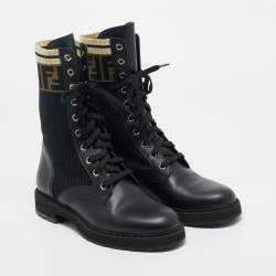 Pre Owned Fendi Black Leather and Zucca Stretch Fabric Rockoko Combat Boots Size 38