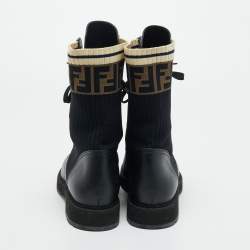 Pre Owned Fendi Black Leather and Zucca Stretch Fabric Rockoko Combat Boots Size 38
