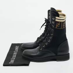 Pre Owned Fendi Black Leather and Zucca Stretch Fabric Rockoko Combat Boots Size 38