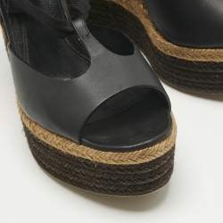Pre Owned Fendi Black Leather and Straw Ankle Tie Wedge Espadrille Sandals Size 38.5