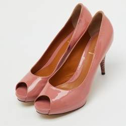 Pre Owned Fendi Rose Pink Patent Leather Zucca Heel Peep Toe Platform Pumps Size 39