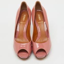 Pre Owned Fendi Rose Pink Patent Leather Zucca Heel Peep Toe Platform Pumps Size 39