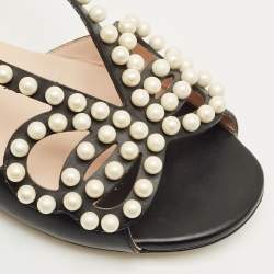 Pre Owned Fendi Black Leather Pearl Embellished Flat Sandals Size 38