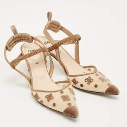 Pre Owned Fendi Brown/Beige Satin and Velvet Colibri Slingback Pumps Size 36