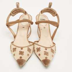 Pre Owned Fendi Brown/Beige Satin and Velvet Colibri Slingback Pumps Size 36