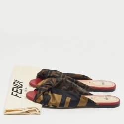 Pre Owned Fendi Brown/Red Zucca Fabric Twist Knotted Flat Slides Size 38