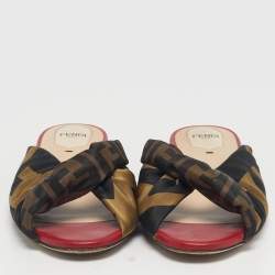 Pre Owned Fendi Brown/Red Zucca Fabric Twist Knotted Flat Slides Size 38