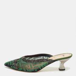 Pre Owned Fendi Green/Black Mesh Crystal Embellish Colibri Mules Size 39.5