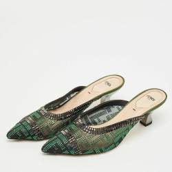Pre Owned Fendi Green/Black Mesh Crystal Embellish Colibri Mules Size 39.5